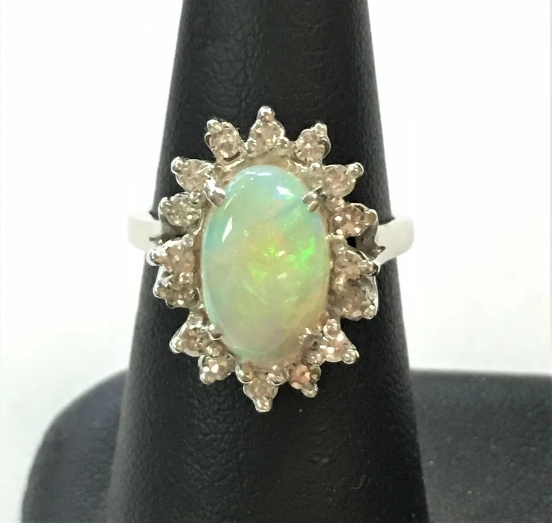 14K WHITE GOLD RING WITH NATURAL OPAL AND 0.35CTW DIAMONDS (SIZE: 5.75) (1 of 2)
