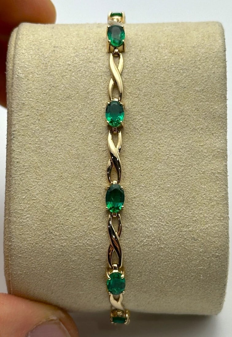 14K GOLD LINK BRACELET WITH 3.25CTS LAB CREATED EMERALDS 7 INCHES 5.9 GRAMS (1 of 2)