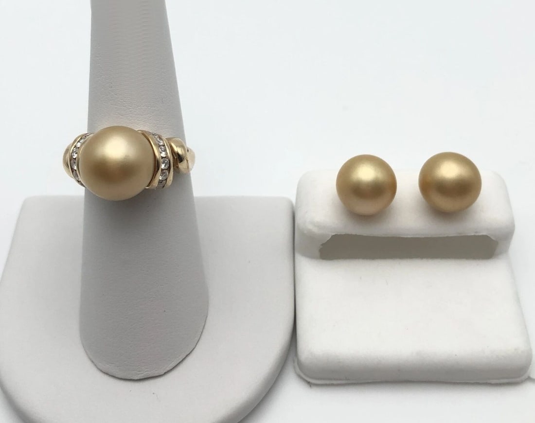 14K GOLD RING / EARRINGS MATCHING SET WITH SOUTH SEA GOLDEN PEARLS AND DIAMONDS (1 of 2)