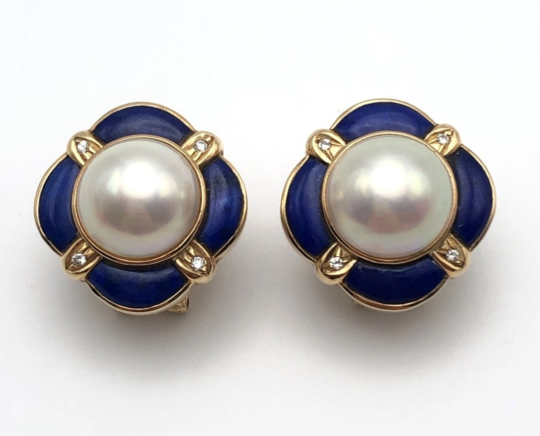 14K GOLD EARRINGS WITH MABE PEARL, BLUE LAPIS AND 0.12CTS DIAMONDS 13.5 GRAMS (1 of 2)