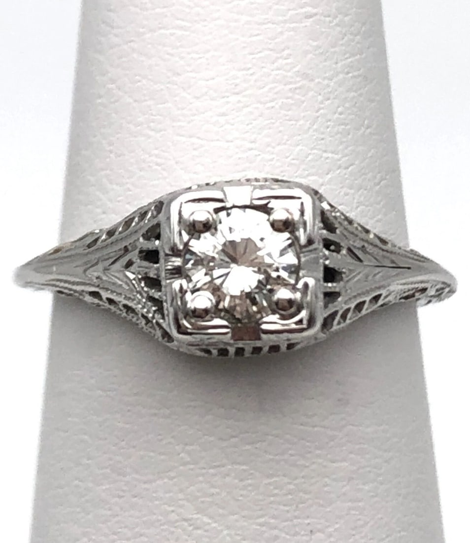 18K WHITE GOLD FILIGREE STYLE RING WITH SOLITAIRE 0.35CT DIAMOND SIZE: 6 2.1G (1 of 2)
