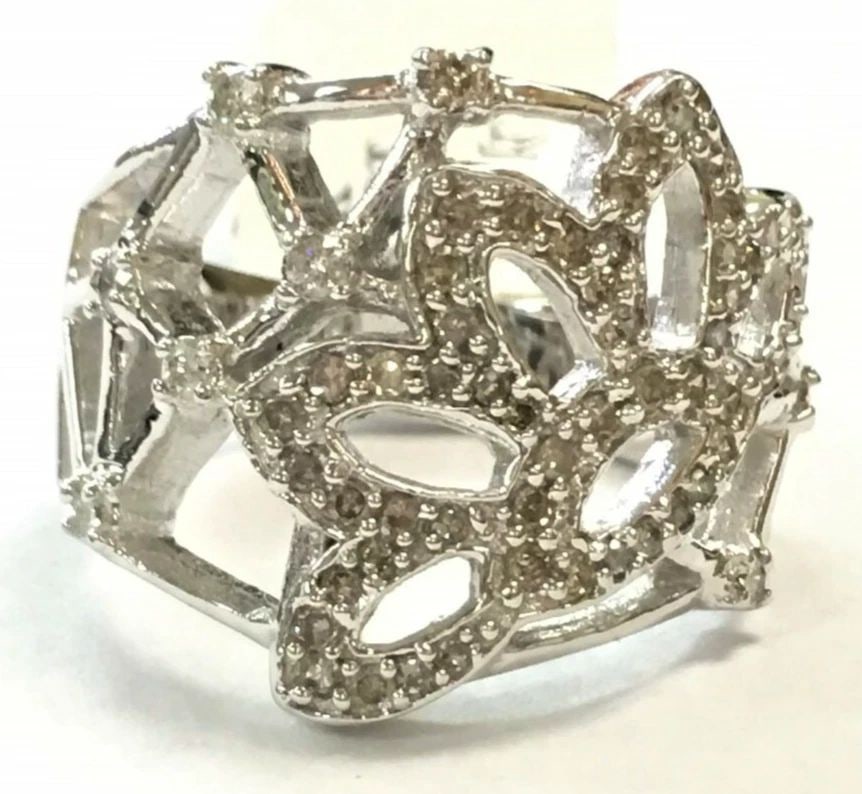 NEW 14K WHITE GOLD RING FLORAL STYLE WITH 0.68CTS OF DIAMONDS SIZE: 7 8.8G (1 of 2)