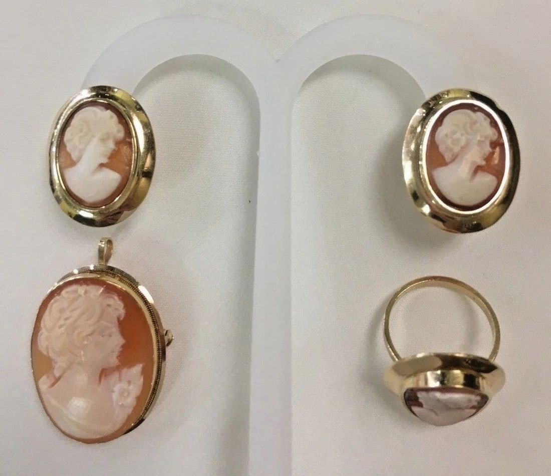 14K YELLOW GOLD CAMEO CORAL SET (EARRINGS, PIN, RING) 19.4 GRAMS TOTAL (1 of 2)