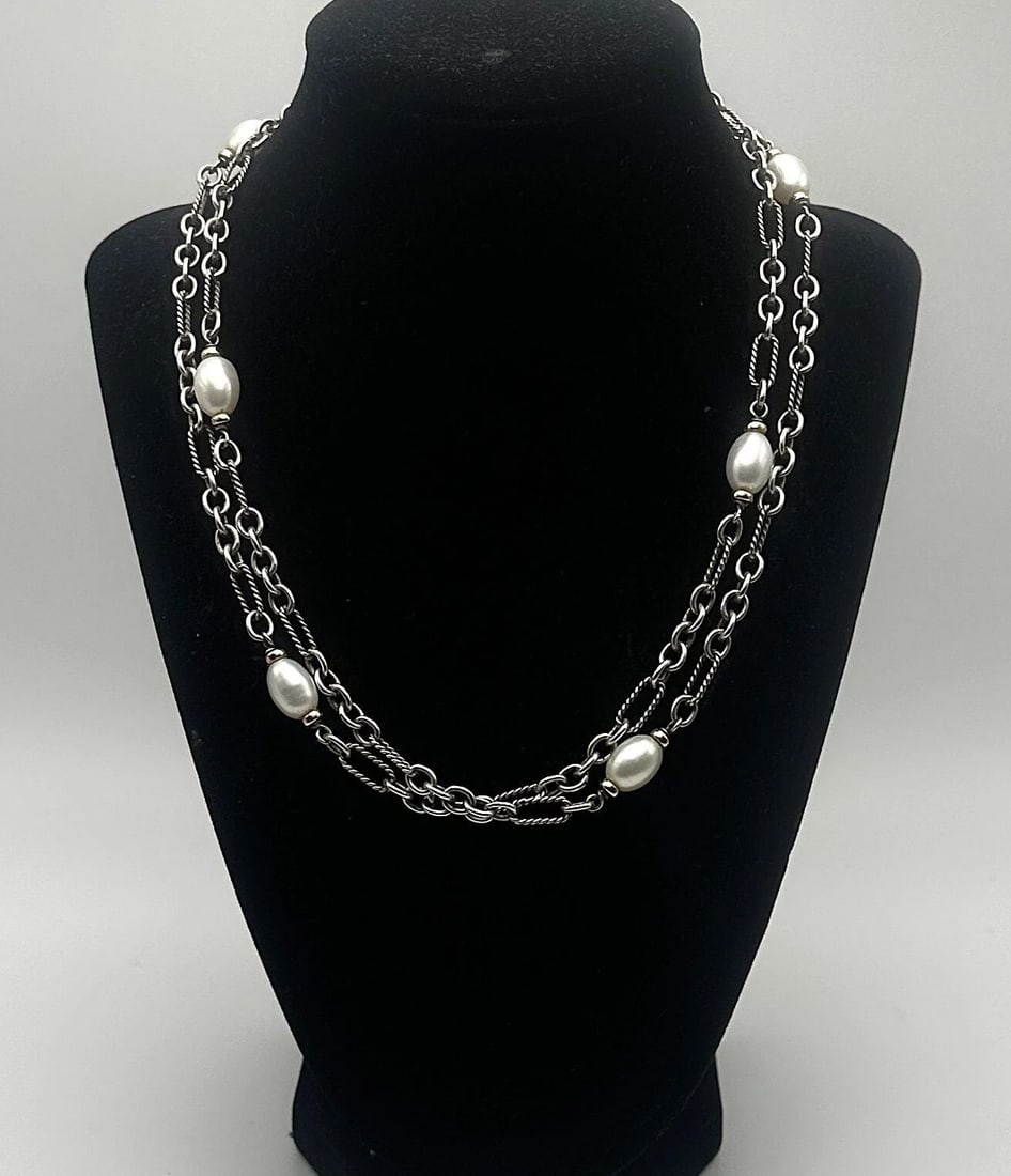 DAVID YURMAN SILVER FIGARO PEARL NECKLACE WITH 18K GOLD 36.75" 43.8G (1 of 2)