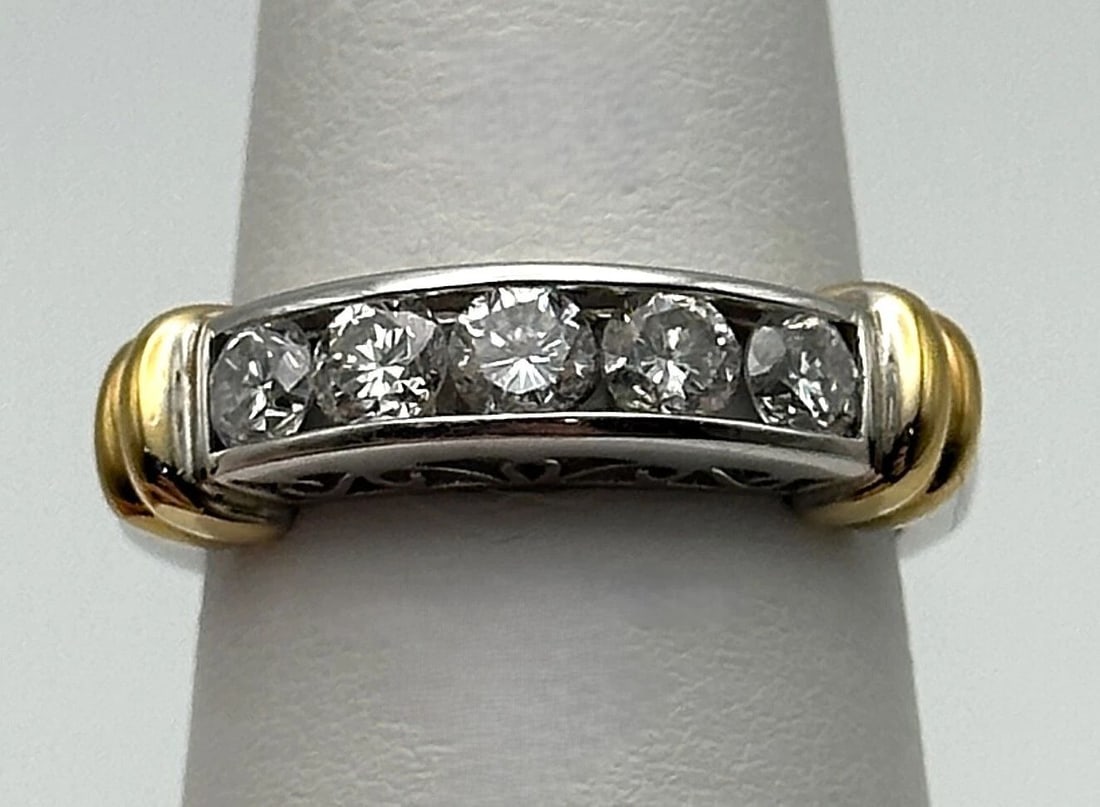 14K TWO TONE GOLD RING/BAND WITH 5 NATURAL DIAMONDS 1.00CTW (SIZE: 7) 4.1 GRAMS (1 of 2)