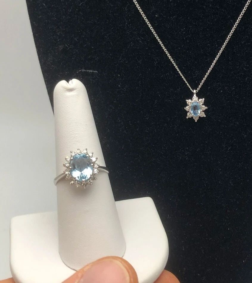 14K WHITE GOLD NECKLACE/PENDANT/RING WITH 2.07CTS AQUAMARINES 0.60CTS DIAMONDS (1 of 2)