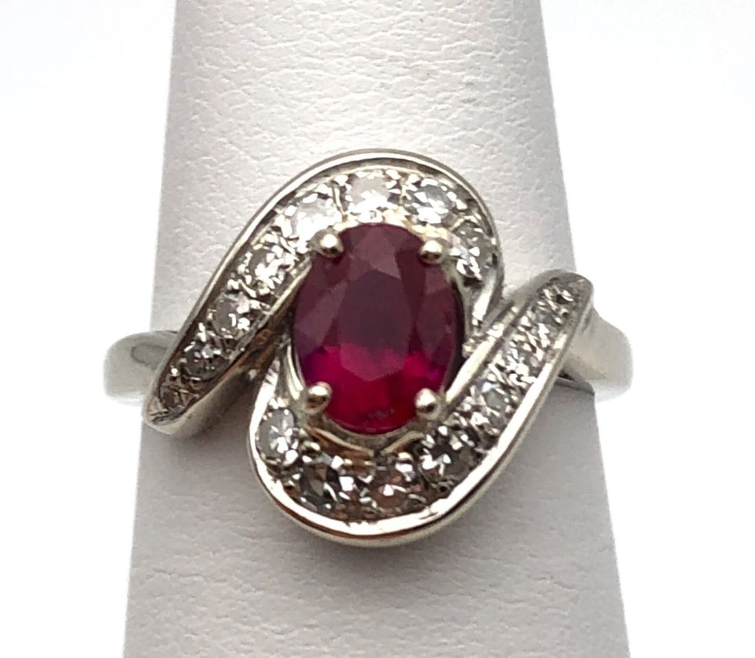 14K WHITE GOLD RING SET WITH NATURAL 1.0CT RUBY AND 0.50CTS DIAMONDS 4.3 GRAMS (1 of 2)