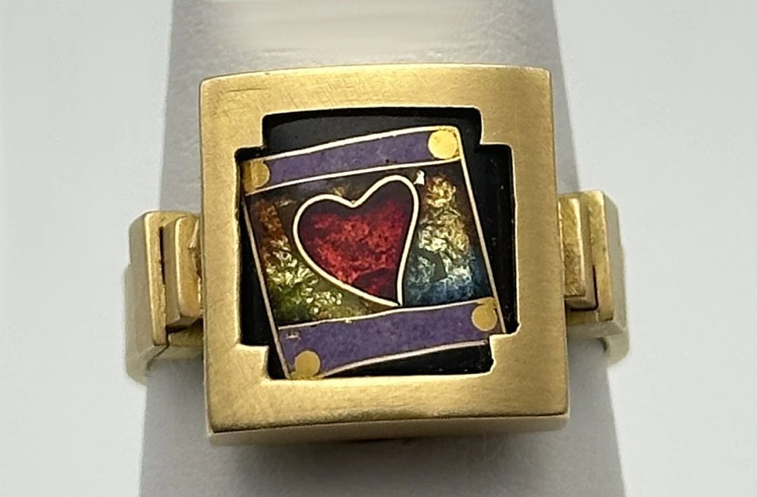 18K GOLD JAMES CARTER DESIGNER RING WITH ENAMEL HEART CENTER SIZE: 8.25 (1 of 2)