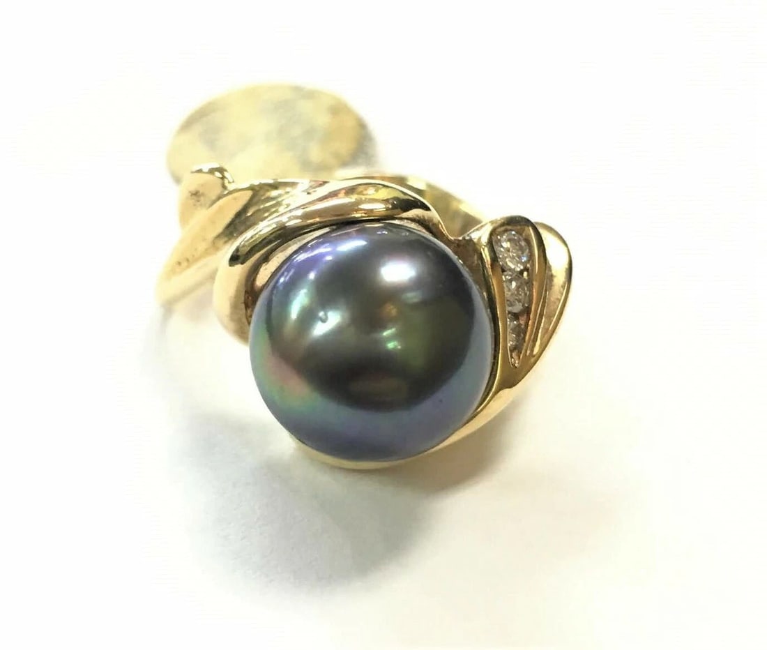 14K YELLOW GOLD RING WITH 10MM TAHITIAN PEARL AND VS DIAMONDS (SIZE: 5.75) (1 of 2)
