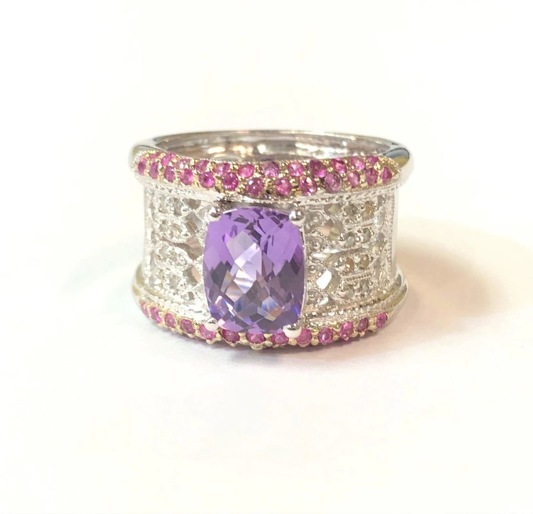 14K WHITE GOLD RING WITH AMETHYST PINK SAPPHIRE AND DIAMONDS (SIZE: 7) 8.7 GRAMS (1 of 2)