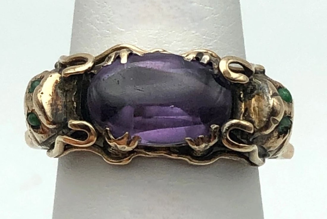 14K GOLD DRAGON RING SET WITH AMETHYST AND JADE (SIZE: 7.5) 10.6 GRAMS (1 of 2)