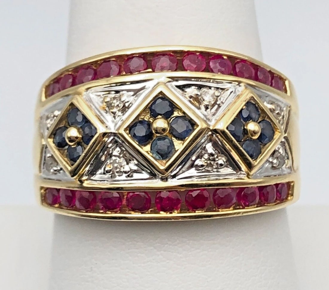 14K GOLD BAND WITH NATURAL RUBIES, SAPPHIRES AND DIAMONDS (SIZE: 9) 6.9 GRAMS (1 of 2)