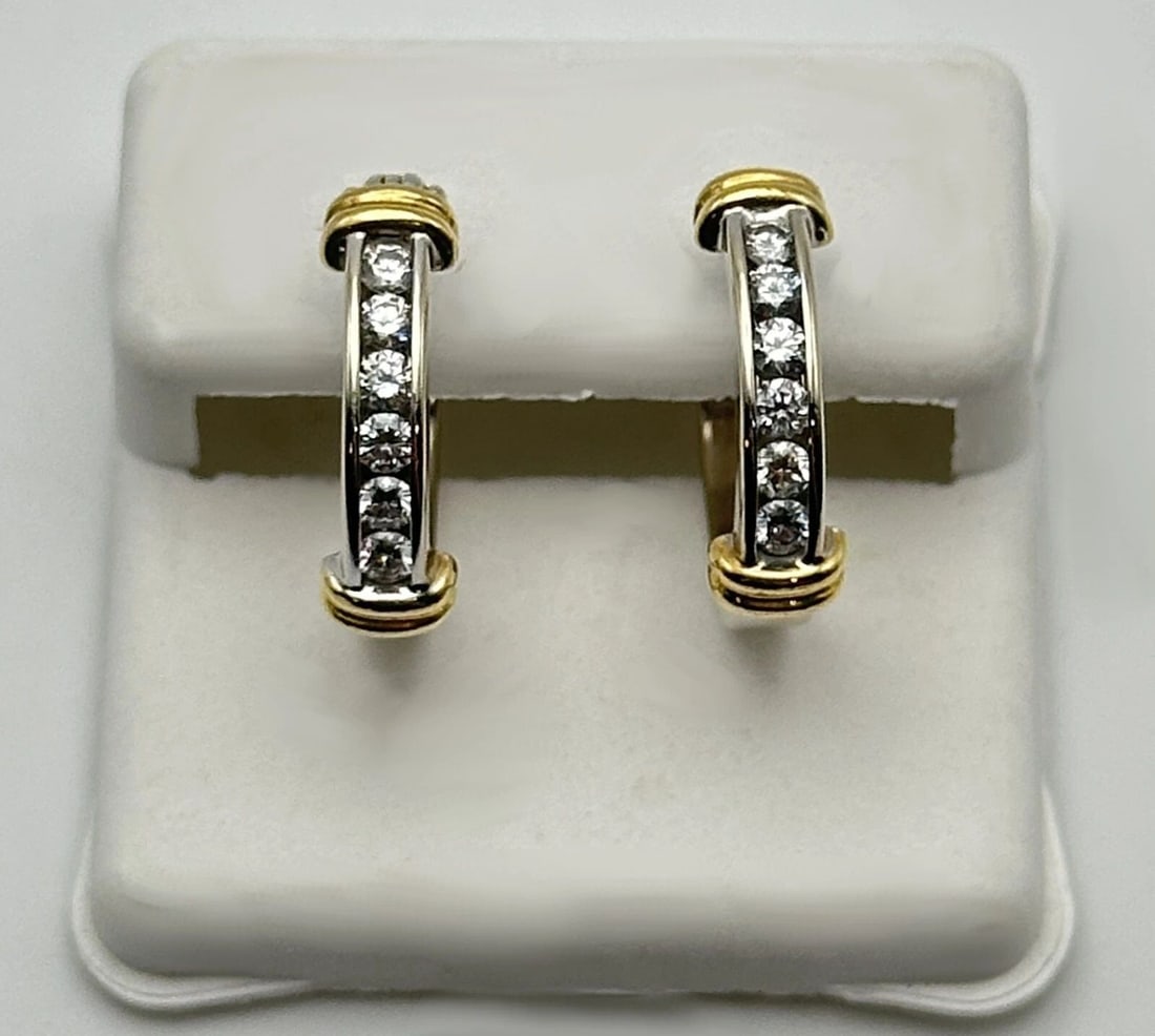 18K GOLD TWO TONED WHITE/YELLOW HOOP EARRINGS WITH 0.60CTS OF DIAMONDS 6 GRAMS (1 of 2)