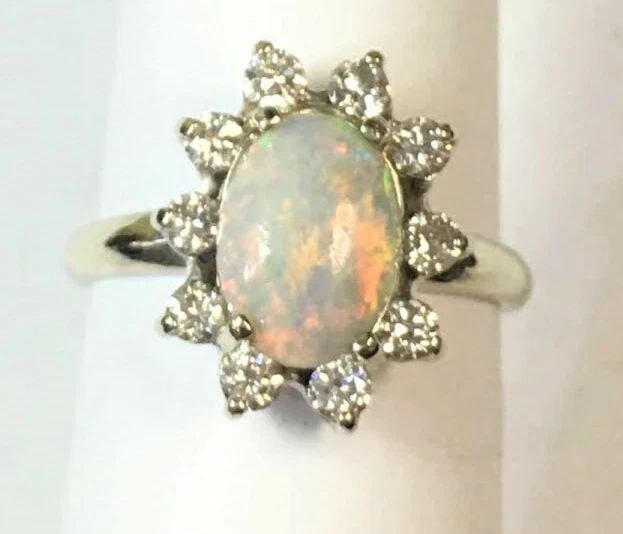 14K WHITE GOLD RING WITH 1CT OPAL AND 0.66CTS DIAMONDS (SIZE: 6) 3.3 GRAMS (1 of 2)