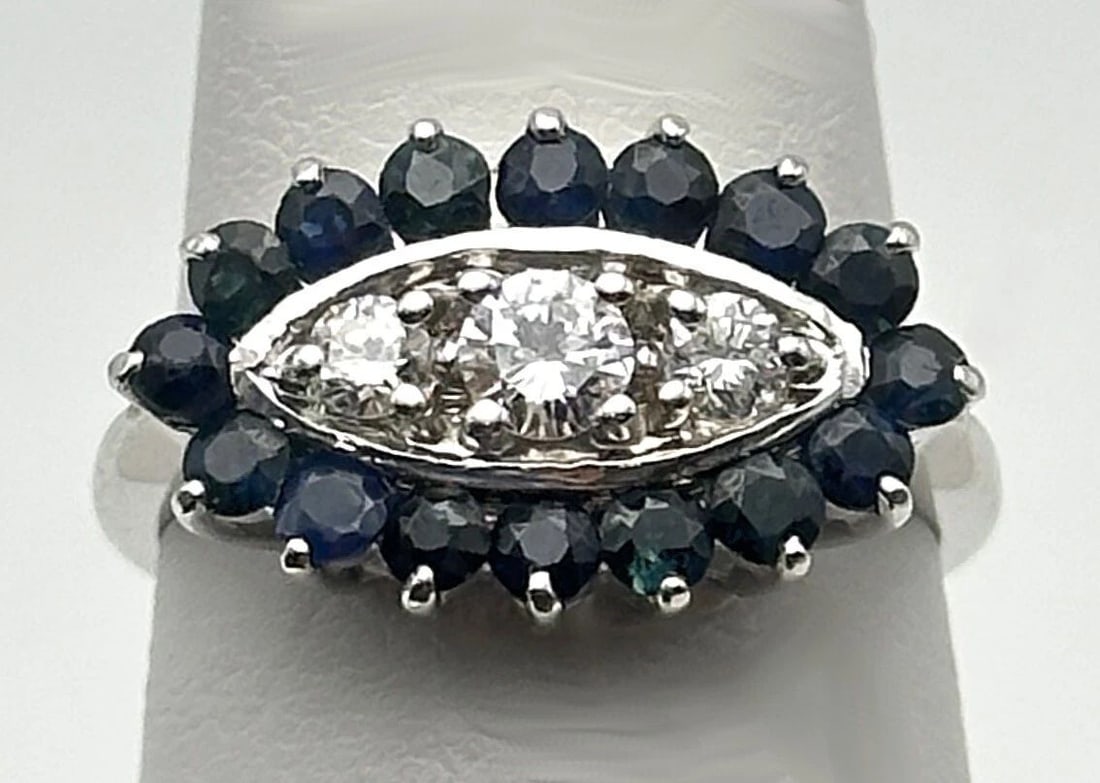 14K WHITE GOLD EYE SHAPED RING WITH SAPPHIRES AND 0.41CTS OF DIAMONDS SIZE: 7 (1 of 2)