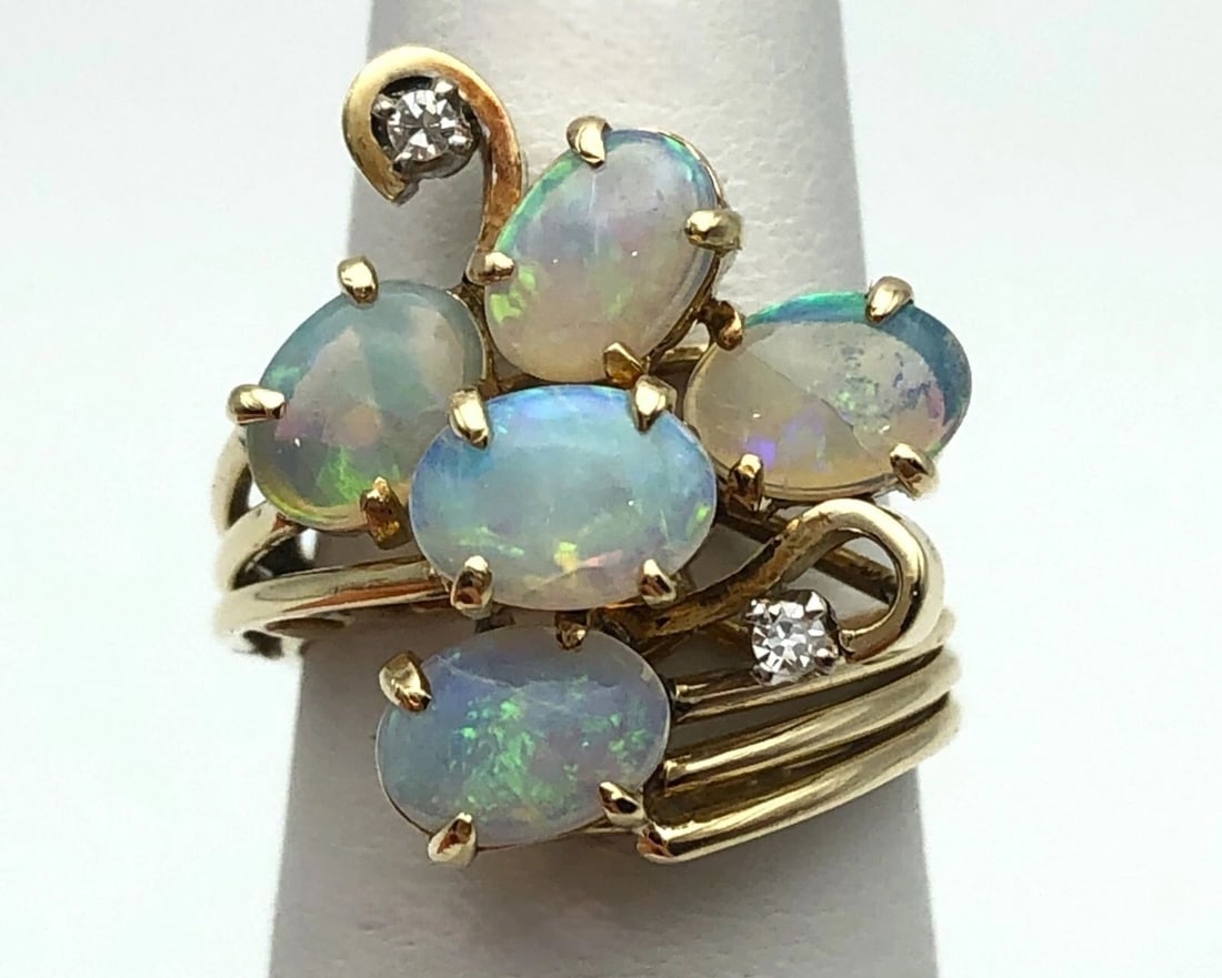 14K GOLD FANTASY WIRE STYLE RING SET WITH NATURAL OPALS AND 0.06CTS OF DIAMONDS (1 of 2)