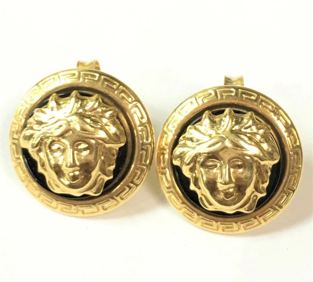 18K YELLOW GOLD MEDUSA STYLE PUSH BACK EARRINGS WITH ONYX (1 of 2)