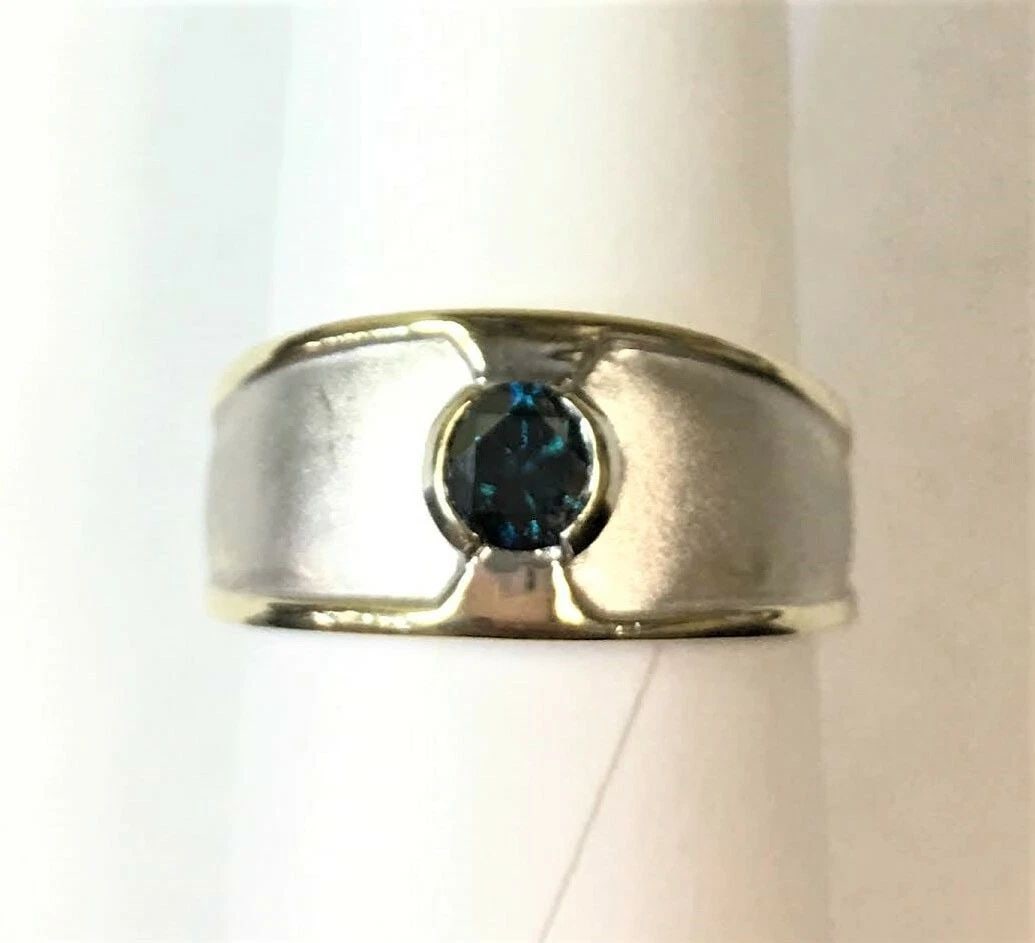 14K TWO TONE WHITE GOLD RING WITH YELLOW GOLD TRIM AND BLUE DIAMOND SIZE 10 (1 of 2)