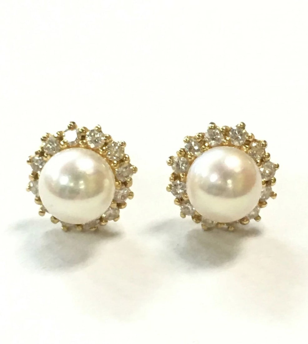 14K GOLD ROUND EARRINGS WITH PEARLS AND 0.72CTS OF DIAMONDS 7.8G (1 of 2)