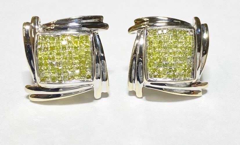 14K WHITE GOLD SQUARE EARRINGS WITH 1CTW INVISBLE SET YELLOW DIAMONDS 5.7 GRAMS (1 of 2)