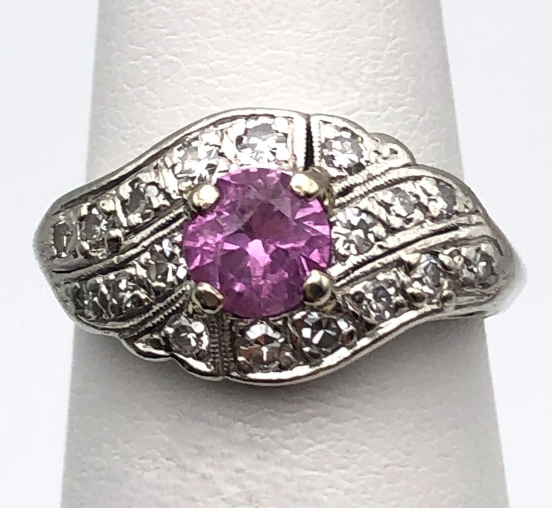 PLATINUM RING WITH NATURAL PINK SAPPHIRE AND 0.33CTS DIAMONDS SIZE: 4.5 (1 of 2)