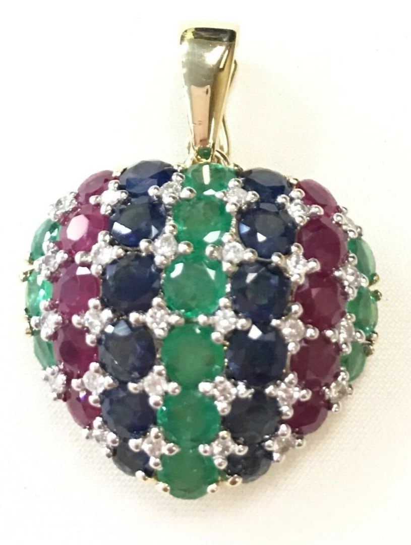 14K YELLOW GOLD HEART PENDANT WITH DIAMONDS, EMERALDS, SAPPHIRE, AND RUBIES (1 of 2)