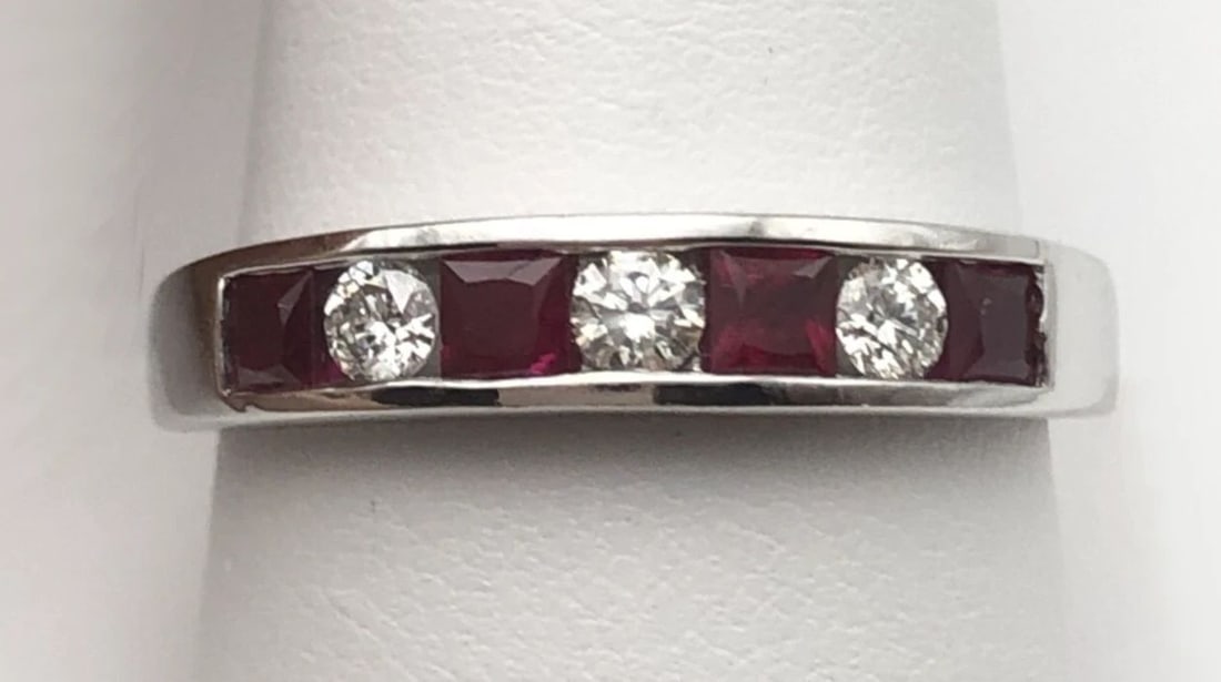 14K WHITE GOLD BAND WITH 1CTW NATURAL RUBIES AND 0.30CTS DIAMONDS SIZE: 10.25 (1 of 2)