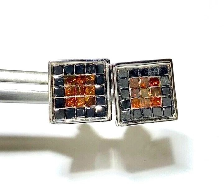 14K WHITE GOLD SQUARE SHAPED EARRINGS WITH 1.40CTS BLACK AND ORANGE DIAMONDS NEW: 14K WHITE GOLD SQUARE SHAPED EARRINGS WITH 1.40CTS BLACK AND ORANGE DIAMONDS 14k White Gold Square Shaped Earrings with 1.40CTS Black and Orange Diamonds You are bidding on a new with tags 14k White G