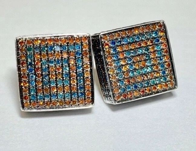 UNISEX 10K WHITE GOLD SQUARE EARRINGS WITH 2CTS BLUE AND RED DIAMONDS (1 of 2)
