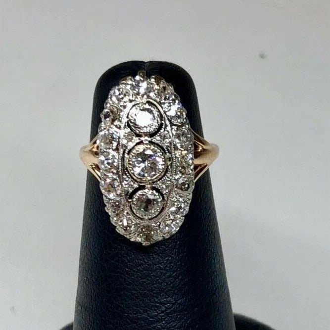 ANTIQUE 14K TWO TONE WHITE/YELLOW GOLD RING WITH 1.10CTS MINE CUT DIAMONDS (1 of 2)