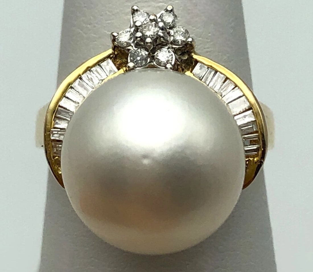 14K GOLD RING WITH 13MM CULTURED PEARL AND 0.50CTS OF DIAMONDS SIZE: 7.25 (1 of 2)