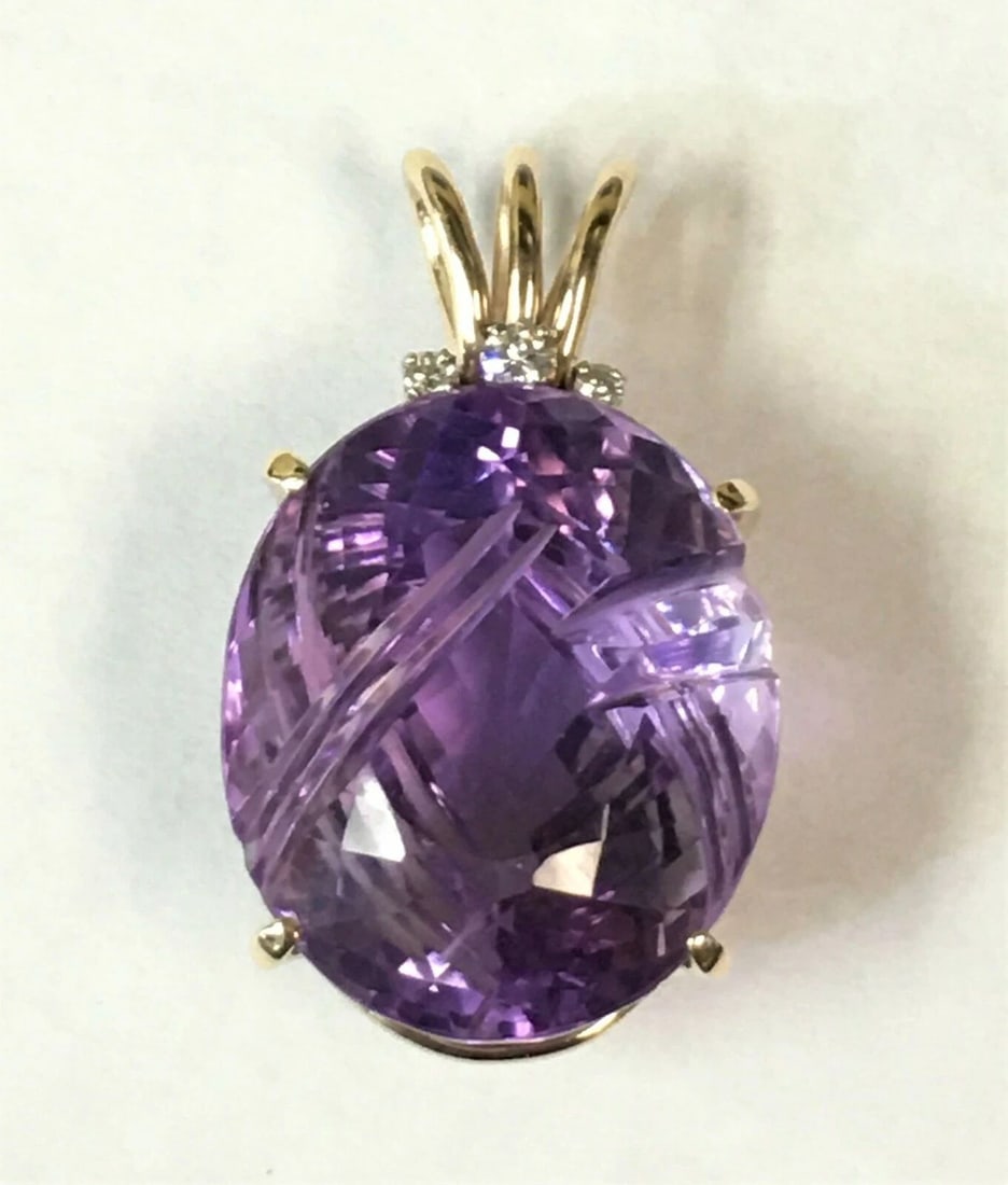 14K YELLOW GOLD PENDANT WITH 40CT FANCY OVAL CUT AMETHYST, DIAMONDS, 13 GRAMS (1 of 2)