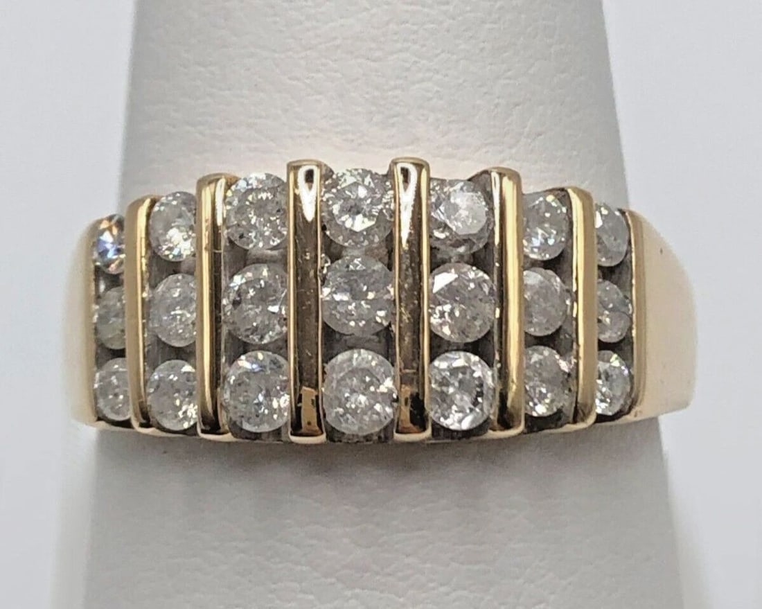10K GOLD RING VERTICAL ROW DOME SET WITH 1.0CTS DIAMONDS SIZE: 9.25 4.1G (1 of 2)