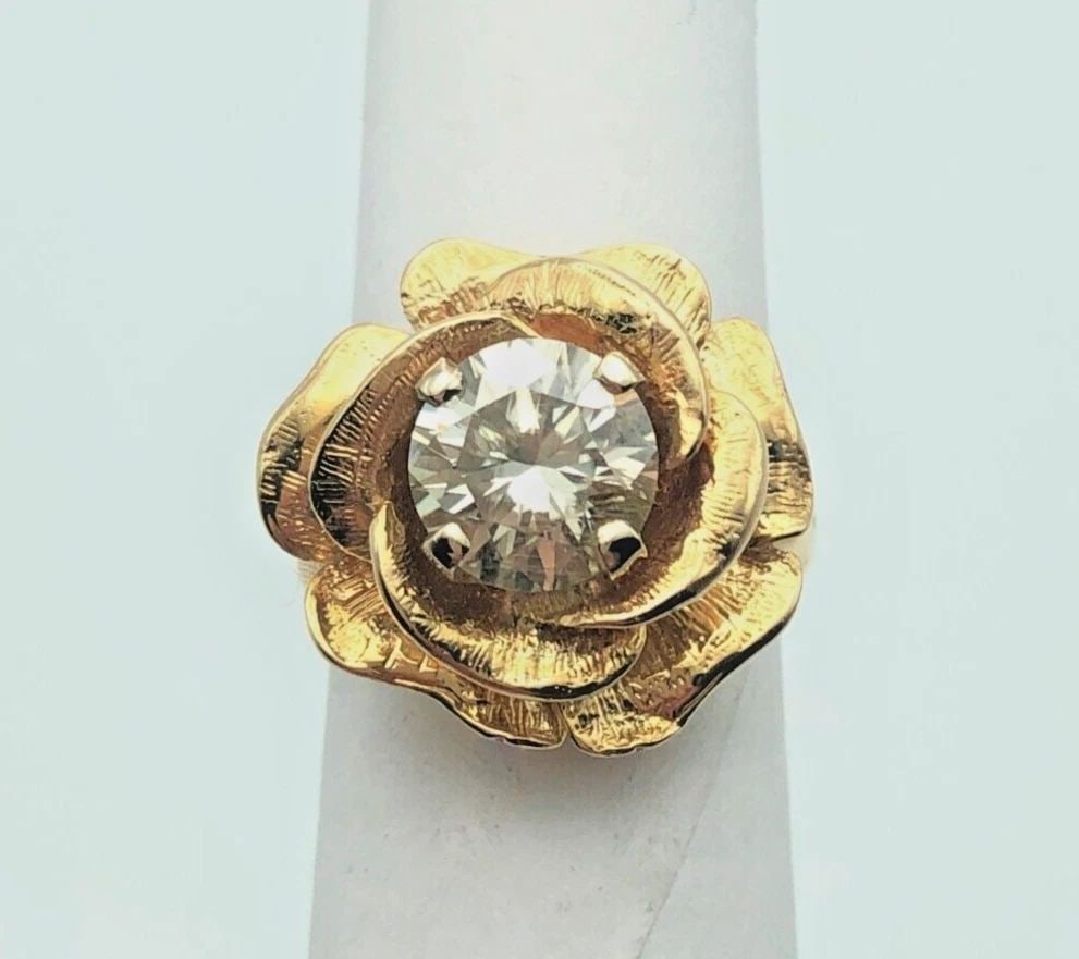 14K YELLOW GOLD ROSE STYLE RING WITH 2CT MOISSANITE (SIZE: 5.25) 8.3 GRAMS (1 of 2)