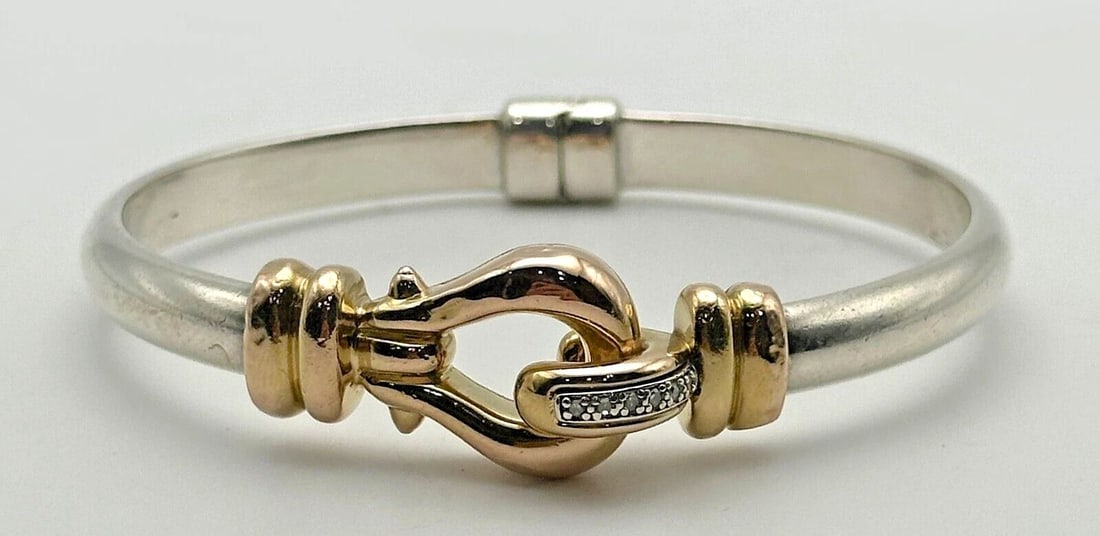 925 STERLING SILVER 14K YELLOW GOLD BANGLE BRACELET WITH 0.06CTW DIAMONDS (1 of 2)