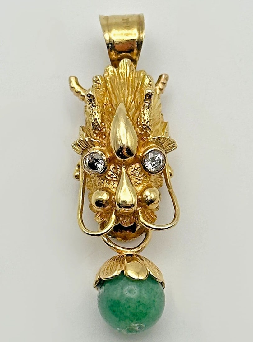 14K GOLD DRAGON HEAD PENDANT WITH 0.12CTW DIAMONDS AND JADE BALL BEAD 9.2G (1 of 2)