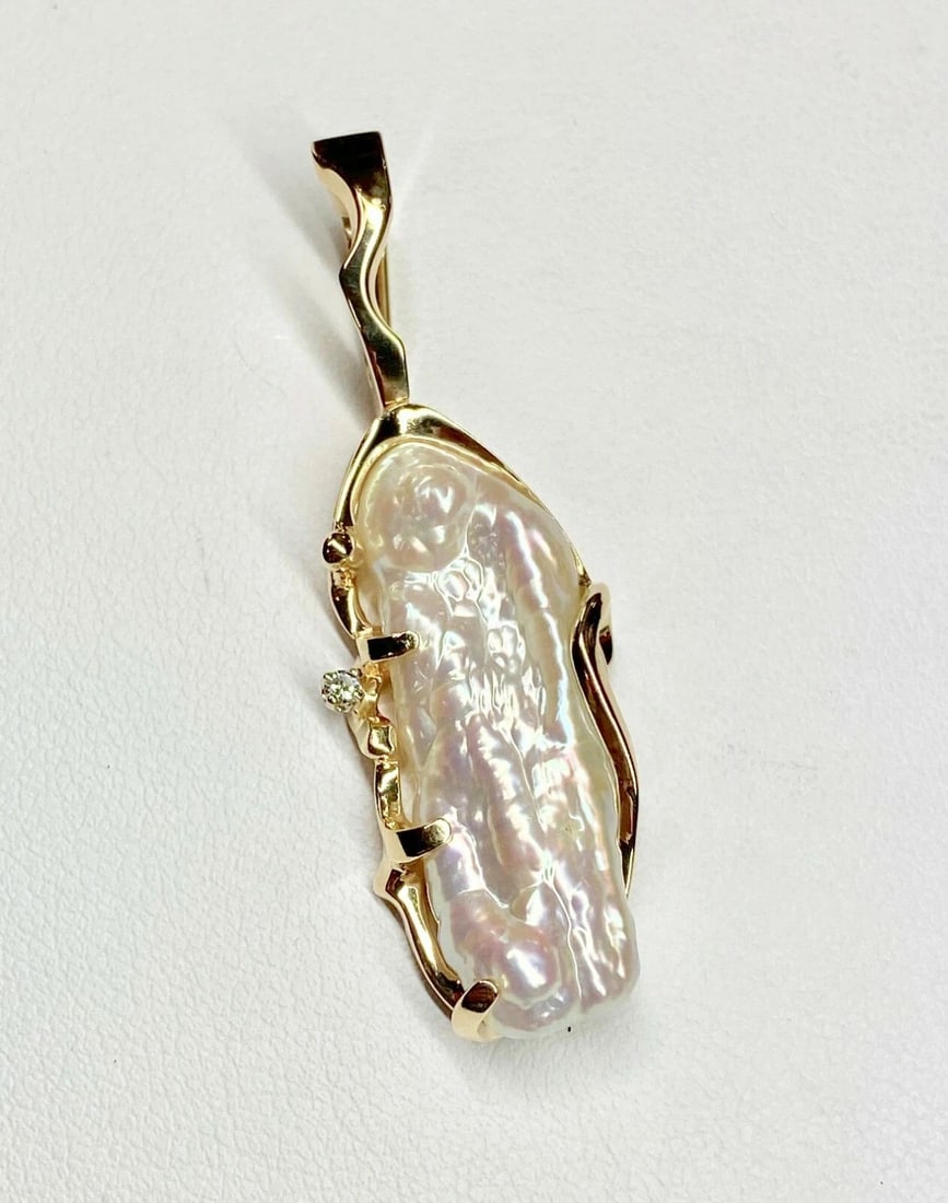 14K YELLOW GOLD FRESH WATER BIWA PEARL PENDANT VINTAGE "STRELLMAN" DESIGN (1 of 2)