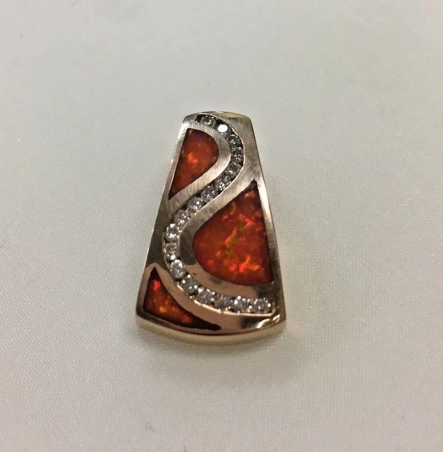 14K YELLOW GOLD FIRE OPAL AND DIAMOND PENDANT (1 of 2)