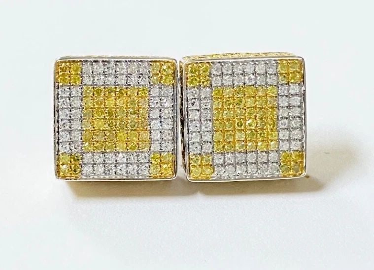 10K WHITE GOLD SQUARE CUBE EARRINGS WITH 1.50CTS WHITE AND YELLOW DIAMONDS: 10K WHITE GOLD SQUARE CUBE EARRINGS WITH 1.50CTS WHITE AND YELLOW DIAMONDS 10k White Gold Square Cube Earrings with 1.50CTS White and Yellow Diamonds You are bidding on a pre-owned 10k White Gold Squa