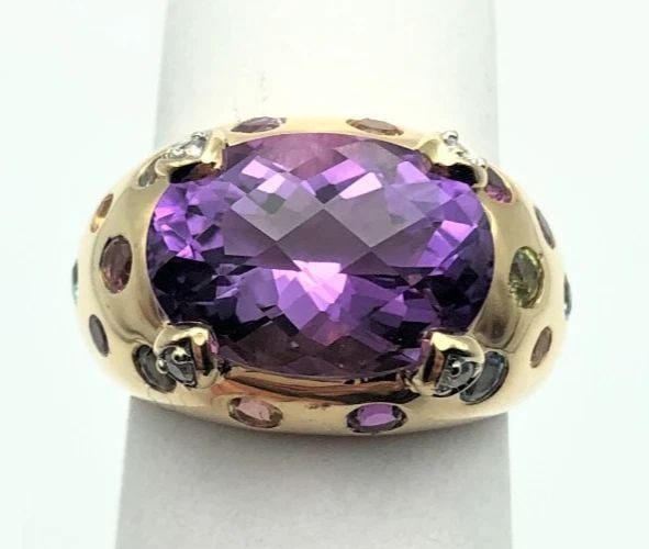 14K GOLD RING CENTER AMETHYST AND MULTI-COLORED STONES SIZE: 6 7.4G (1 of 2)