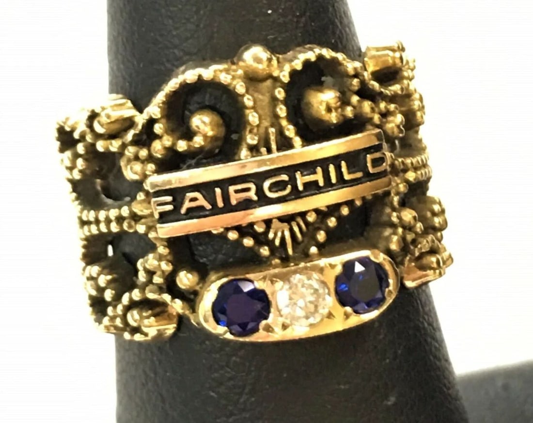 10K GOLD ANTIQUE FAIRCHILD RING WITH 0.04CT DIAMOND & TWO SAPPHIRES SIZE: 5 6G: ANTIQUE FAIRCHILD 10K RING WITH DIAMOND AND SAPPHIRES (SIZE: 5) Antique FairChild 10k Ring with Diamond and Sapphires You are bidding on a Antique FairChild 10k Ring with Diamond and Sapphires. There