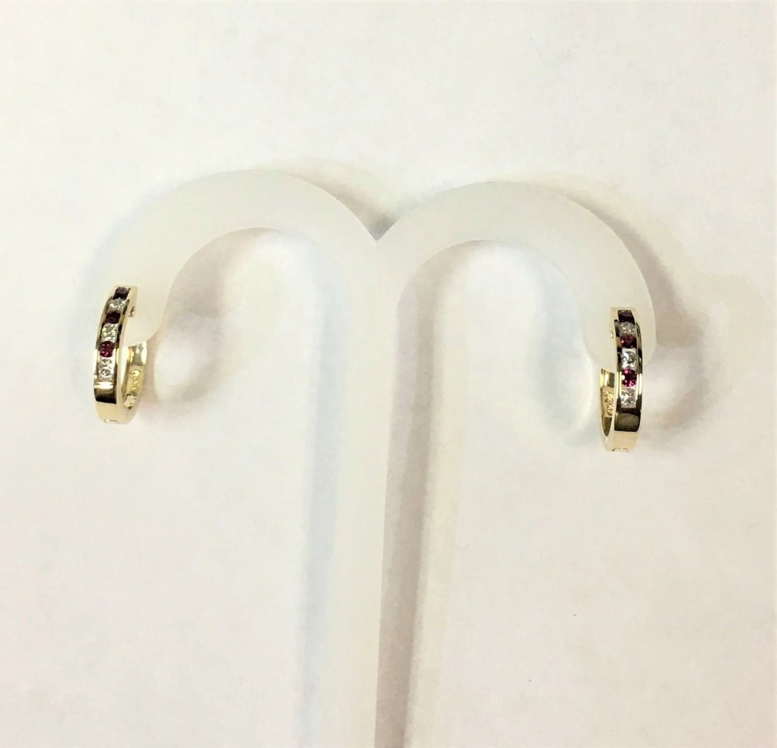 14K YELLOW GOLD SET OF ROUND HOOP STYLE EARRINGS WITH DIAMONDS AND RUBIES (1 of 2)
