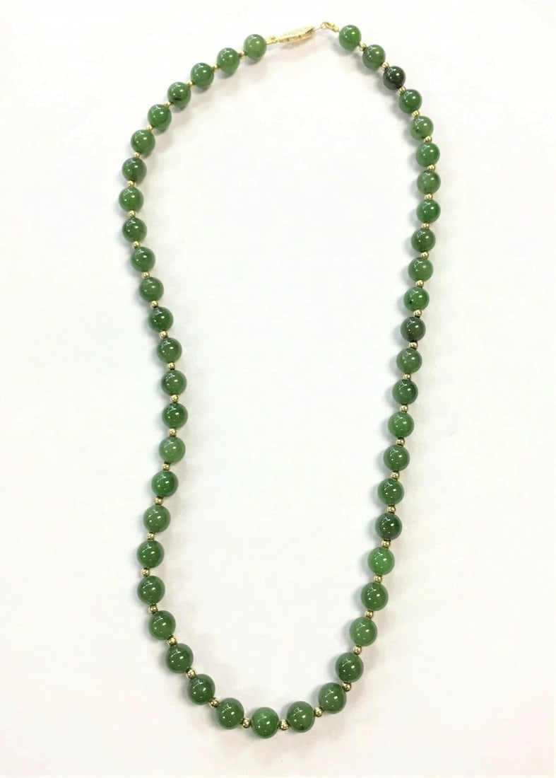 14K YELLOW GOLD CLASP & 3MM BEADS, 8MM NEPHRITE JADE, NECKLACE 21" 44.1G (1 of 2)