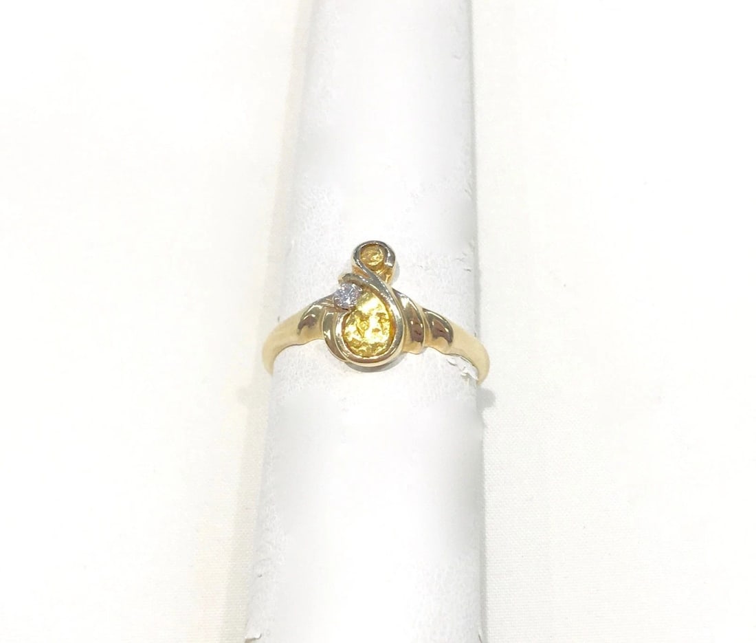 14K YELLOW GOLD RING WITH DIAMONDS AND 24K NUGGET INLAY SIZE: 6.75 (1 of 2)