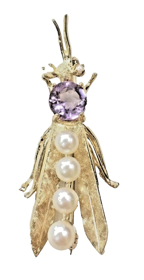 14K BUG BROOCH WITH 8MM NATURAL AMETHYST AND SIX PEARLS 7.5G (1 of 2)