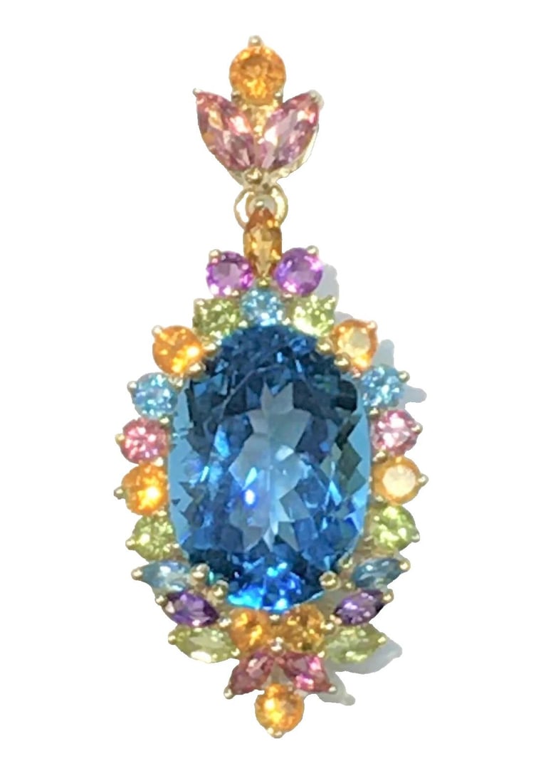 14K GOLD PENDANT, CENTER BLUE TOPAZ SURROUNDED BY MULTI-COLORED GEM STONES 7.4G (1 of 2)