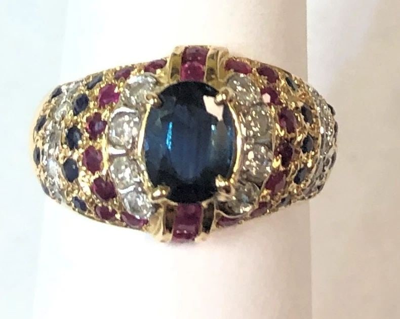14K YELLOW GOLD RING WITH NATURAL SAPPHIRES RUBIES AND DIAMONDS (SIZE: 6.75) (1 of 2)
