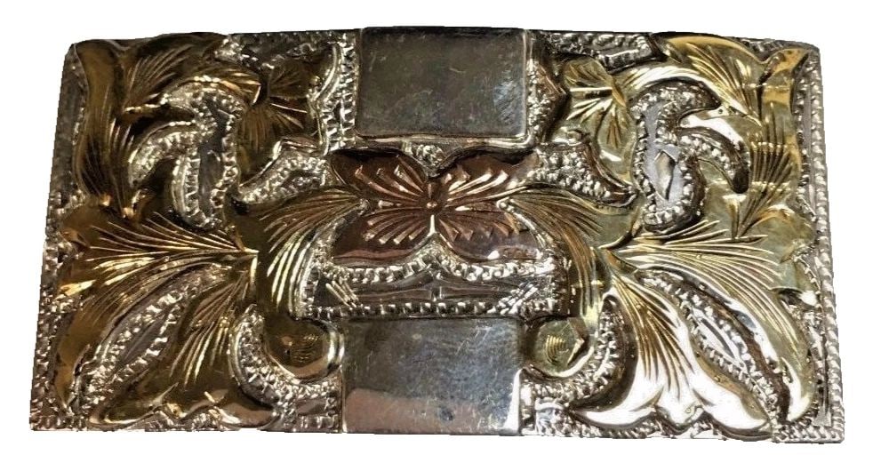 MEXICO 925 STERLING SILVER BLET BUCKLE, 18K GOLD FLORAL ACCENTS ON TOP 37.3G (1 of 2)