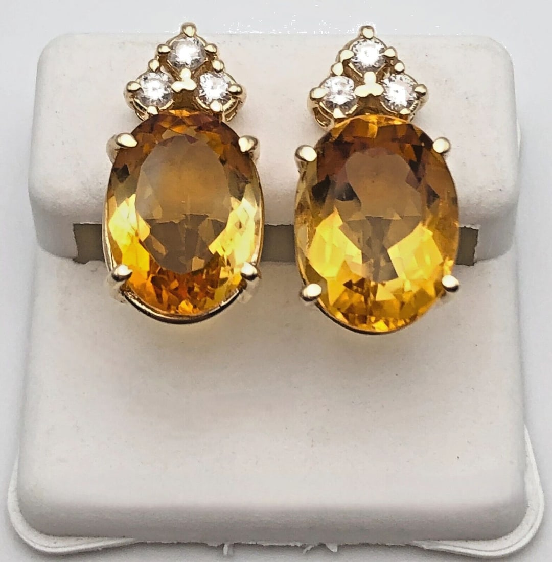 14K GOLD EARRINGS SET WITH CITRINE AND 0.42CTS OF DIAMONDS 8.1G (1 of 2)