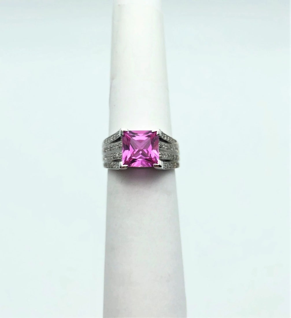 10K WHITE GOLD RING WITH DIAMOND AND PINK SYNTHETIC SAPPHIRE (SIZE: 5.5) (1 of 2)